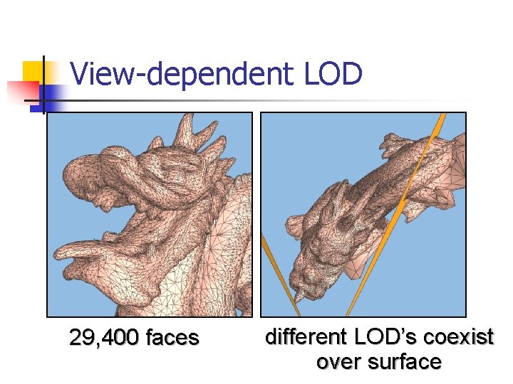 View-dependent LOD 29, 400 faces different LOD’s coexist over surface 