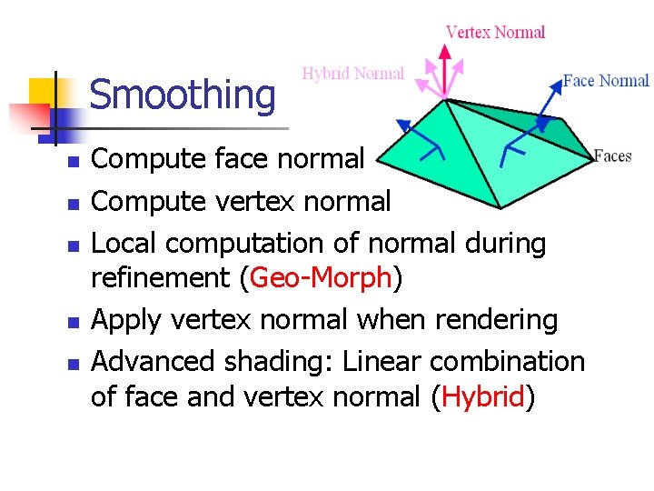 Smoothing n n n Compute face normal Compute vertex normal Local computation of normal