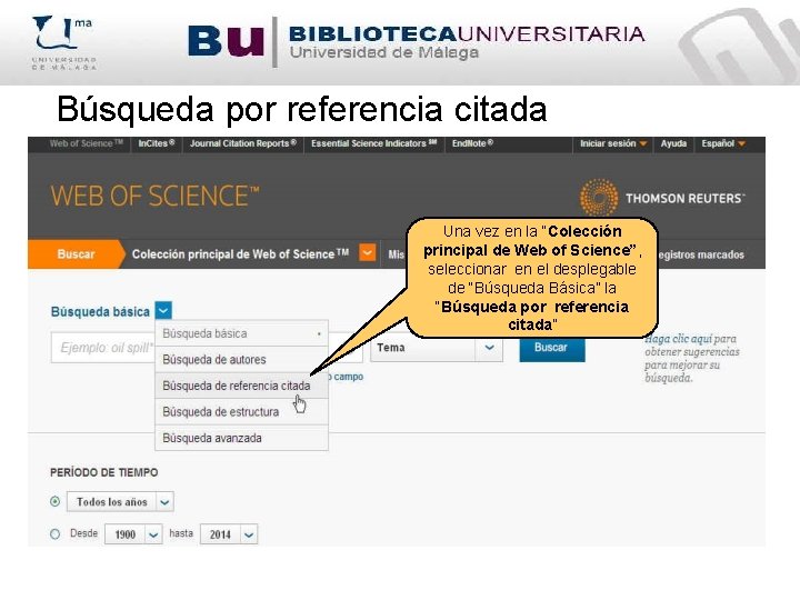Búsqueda por referencia citada Una vez en la “Colección principal de Web of Science”,