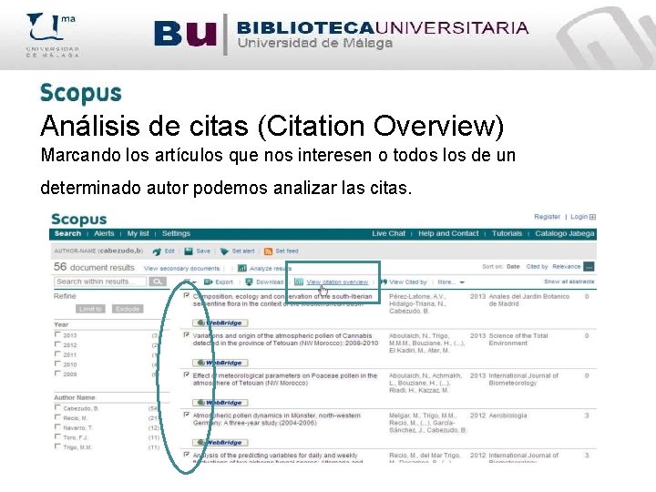 Análisis de citas (Citation Overview) Marcando los artículos que nos interesen o todos los