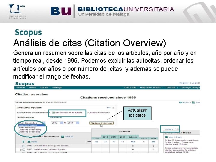 Análisis de citas (Citation Overview) Genera un resumen sobre las citas de los artículos,