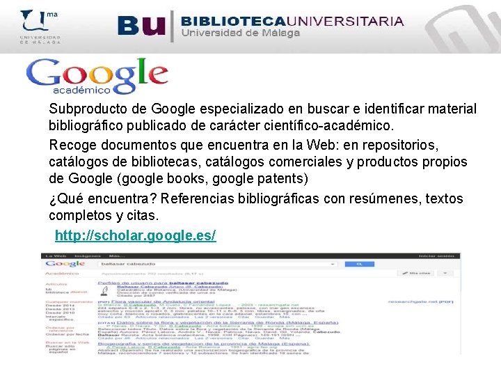 Subproducto de Google especializado en buscar e identificar material bibliográfico publicado de carácter científico-académico.