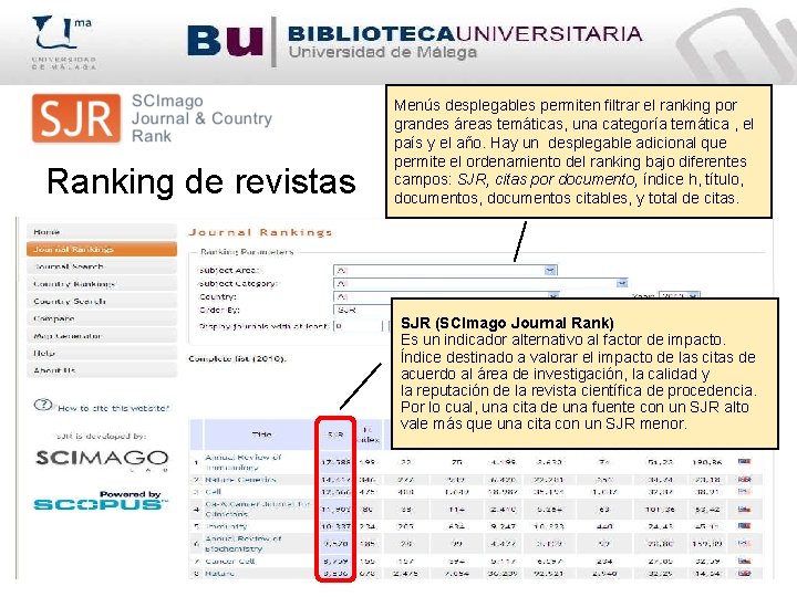 Ranking de revistas Menús desplegables permiten filtrar el ranking por grandes áreas temáticas, una