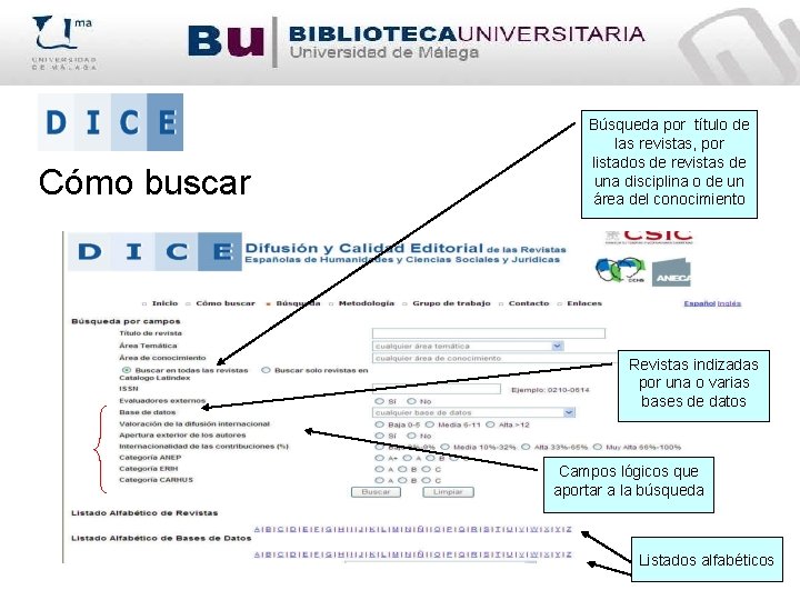 Cómo buscar Búsqueda por título de las revistas, por listados de revistas de una