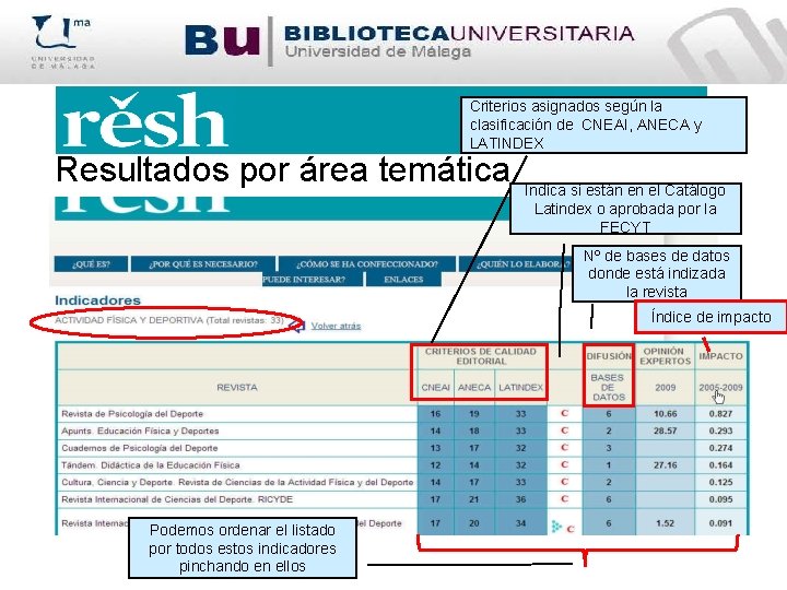 Criterios asignados según la clasificación de CNEAI, ANECA y LATINDEX Resultados por área temática