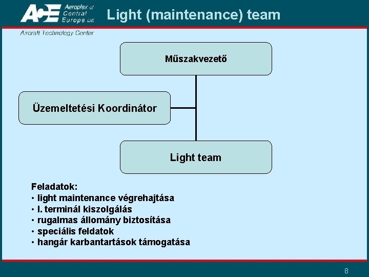 Light (maintenance) team Műszakvezető Üzemeltetési Koordinátor Light team Feladatok: • light maintenance végrehajtása •