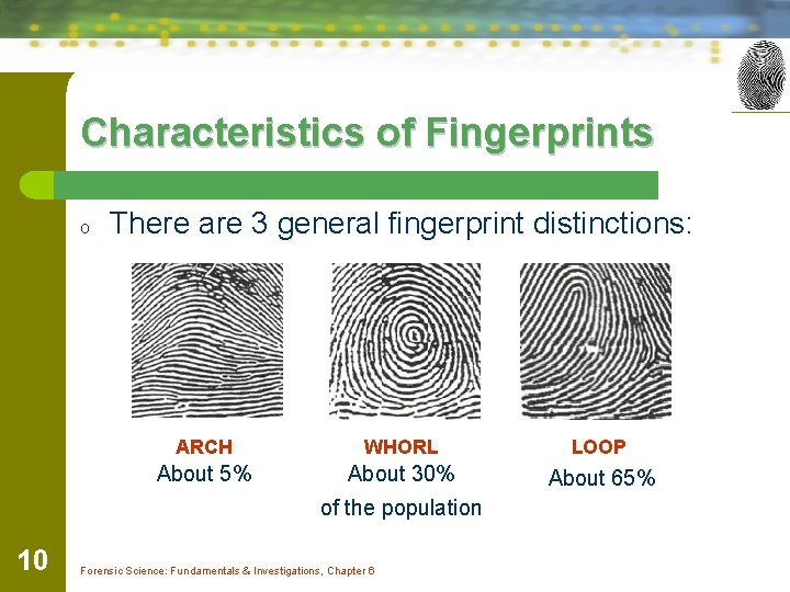 Characteristics of Fingerprints o There are 3 general fingerprint distinctions: ARCH WHORL LOOP About