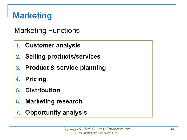 Marketing Functions 1. Customer analysis 2. Selling products/services 3. Product & service planning 4. Marketing Functions 1. Customer analysis 2. Selling products/services 3. Product & service planning 4.