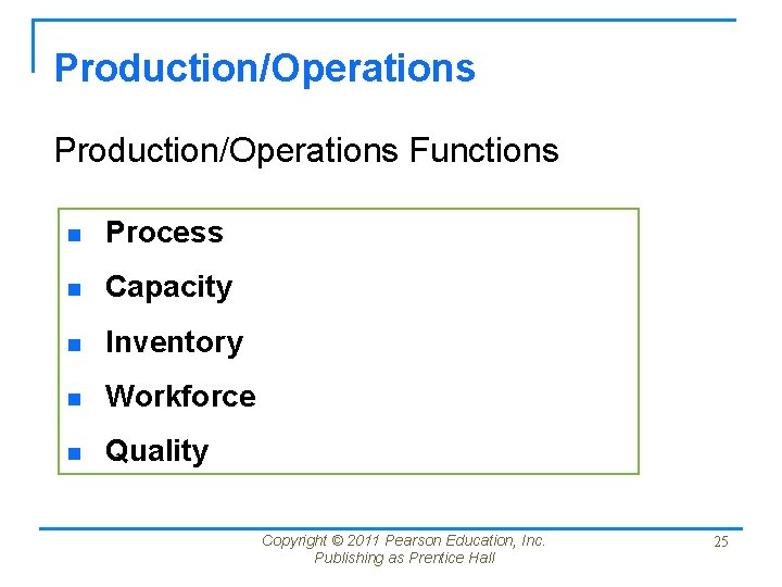 Production/Operations Functions n Process n Capacity n Inventory n Workforce n Quality Copyright © Production/Operations Functions n Process n Capacity n Inventory n Workforce n Quality Copyright ©
