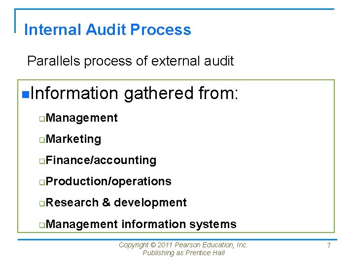 Internal Audit Process Parallels process of external audit n. Information gathered from: q Management Internal Audit Process Parallels process of external audit n. Information gathered from: q Management