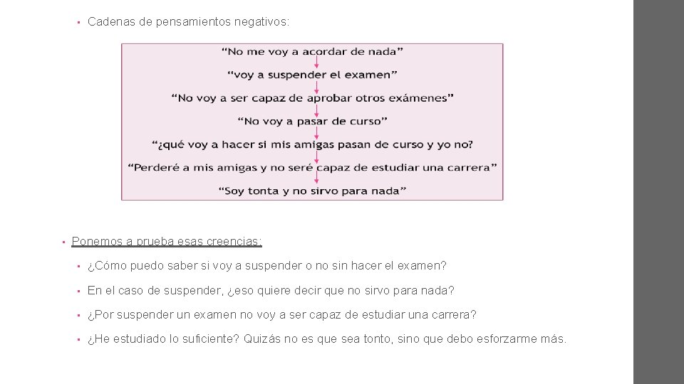  • • Cadenas de pensamientos negativos: Ponemos a prueba esas creencias: • ¿Cómo