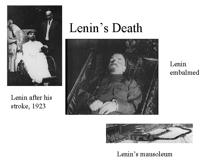 Lenin’s Death Lenin embalmed Lenin after his stroke, 1923 Lenin’s mausoleum 