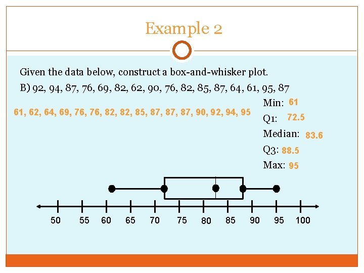 Example 2 Given the data below, construct a box-and-whisker plot. B) 92, 94, 87,