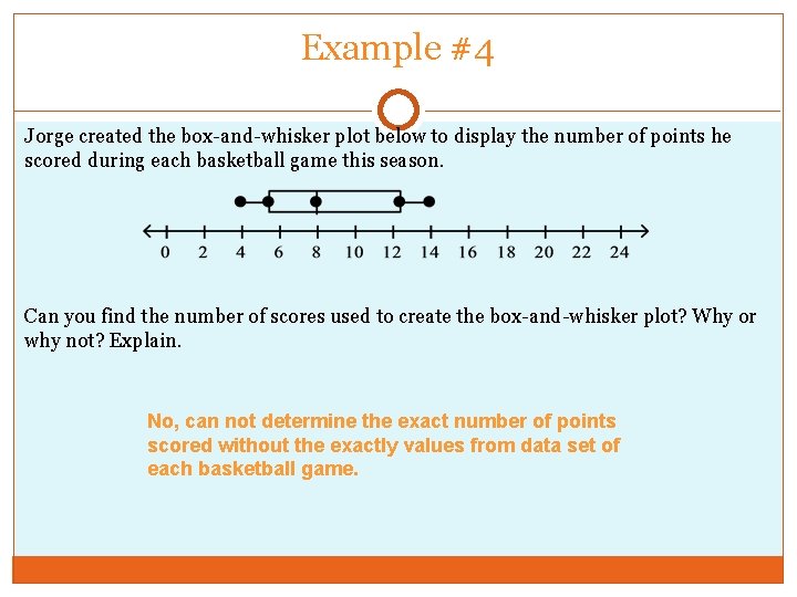 Example #4 Jorge created the box-and-whisker plot below to display the number of points