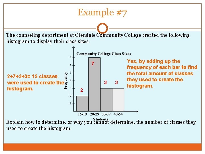Example #7 The counseling department at Glendale Community College created the following histogram to
