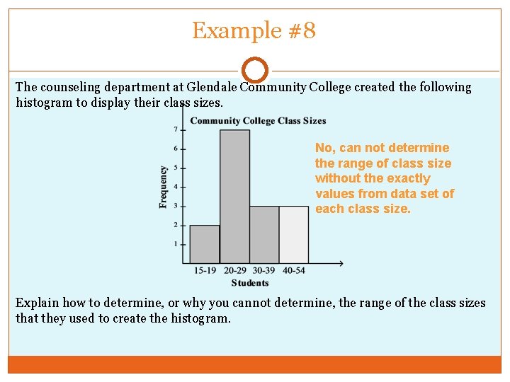 Example #8 The counseling department at Glendale Community College created the following histogram to
