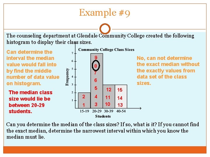 Example #9 The counseling department at Glendale Community College created the following histogram to