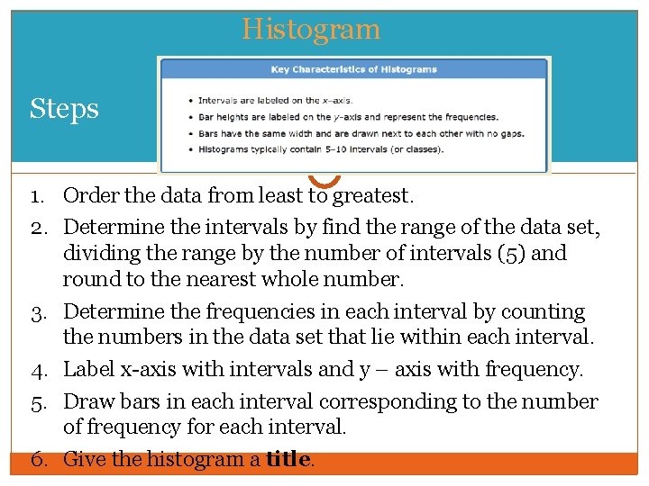 Histogram Steps 1. Order the data from least to greatest. 2. Determine the intervals