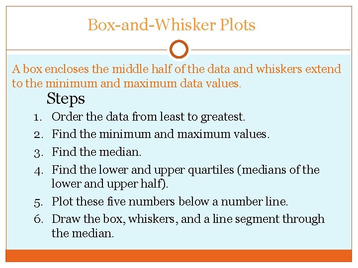 Box-and-Whisker Plots A box encloses the middle half of the data and whiskers extend