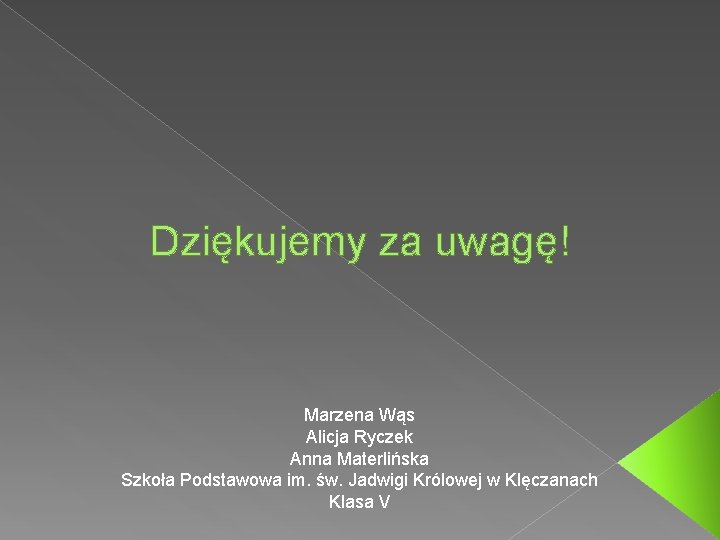 Dziękujemy za uwagę! Marzena Wąs Alicja Ryczek Anna Materlińska Szkoła Podstawowa im. św. Jadwigi