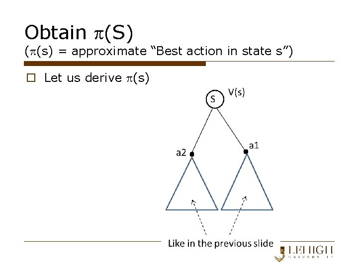 Obtain (S) ( (s) = approximate “Best action in state s”) o Let us