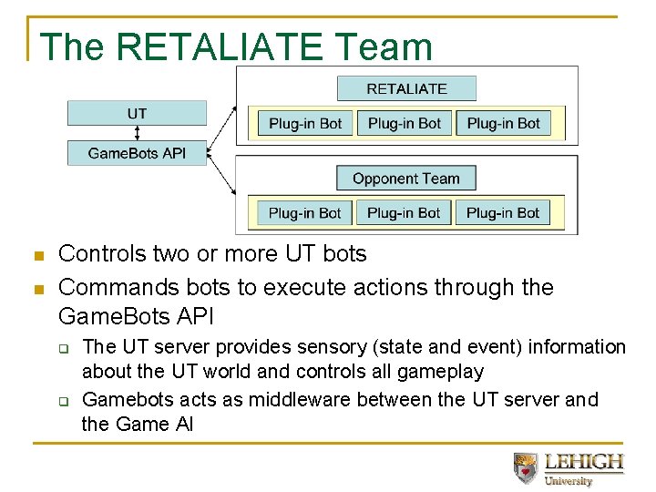 The RETALIATE Team n n Controls two or more UT bots Commands bots to