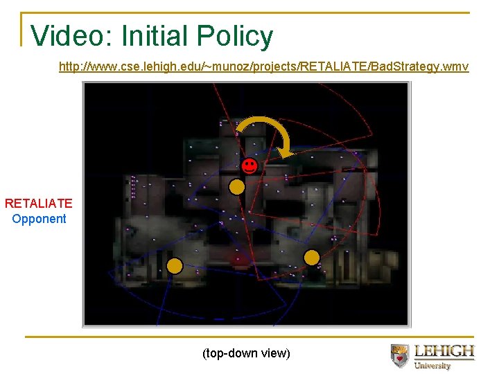 Video: Initial Policy http: //www. cse. lehigh. edu/~munoz/projects/RETALIATE/Bad. Strategy. wmv RETALIATE Opponent (top-down view)