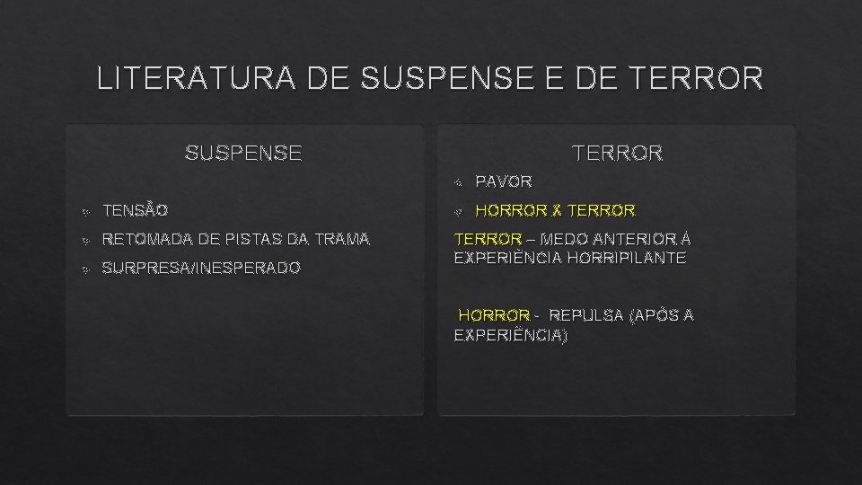 LITERATURA DE SUSPENSE E DE TERROR SUSPENSE PAVOR HORROR X TERROR TENSÃO RETOMADA DE