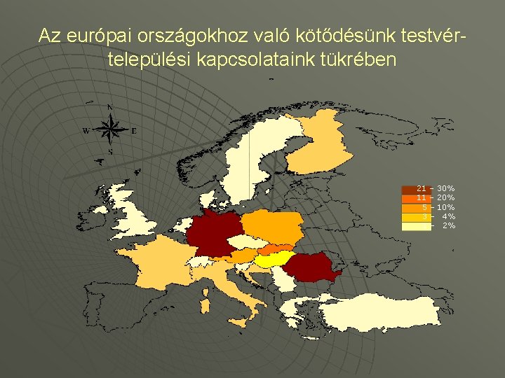 Az európai országokhoz való kötődésünk testvértelepülési kapcsolataink tükrében 21 – 30% 11 – 20%