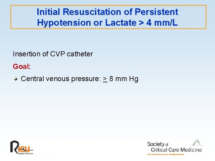 Initial Resuscitation of Persistent Hypotension or Lactate > 4 mm/L Insertion of CVP catheter