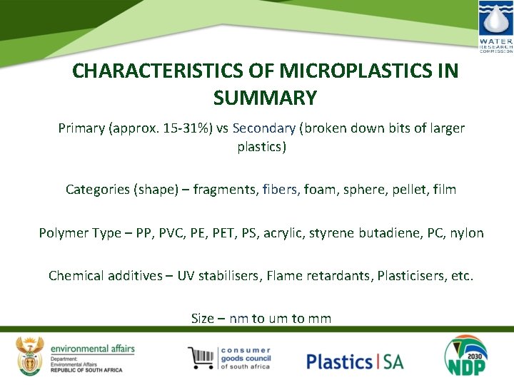 CHARACTERISTICS OF MICROPLASTICS IN SUMMARY Primary (approx. 15‐ 31%) vs Secondary (broken down bits
