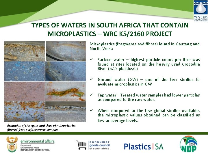 TYPES OF WATERS IN SOUTH AFRICA THAT CONTAIN MICROPLASTICS – WRC K 5/2160 PROJECT