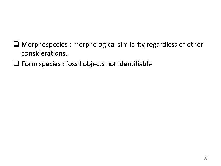 q Morphospecies : morphological similarity regardless of other considerations. q Form species : fossil