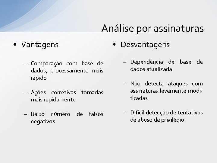 Análise por assinaturas • Vantagens • Desvantagens – Comparação com base de dados, processamento Análise por assinaturas • Vantagens • Desvantagens – Comparação com base de dados, processamento