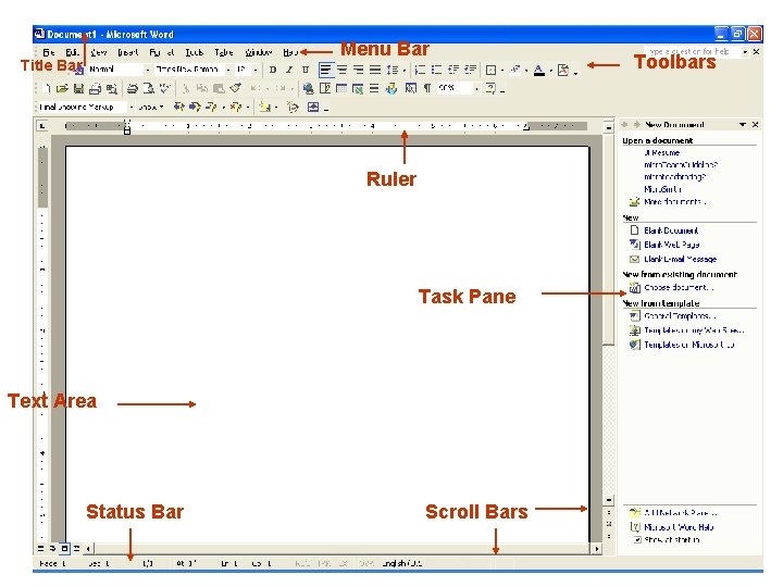 Menu Bar Title Bar Ruler Task Pane Text Area Status Bar Scroll Bars Toolbars Menu Bar Title Bar Ruler Task Pane Text Area Status Bar Scroll Bars Toolbars
