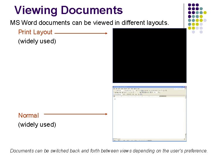 Viewing Documents MS Word documents can be viewed in different layouts. Print Layout (widely Viewing Documents MS Word documents can be viewed in different layouts. Print Layout (widely