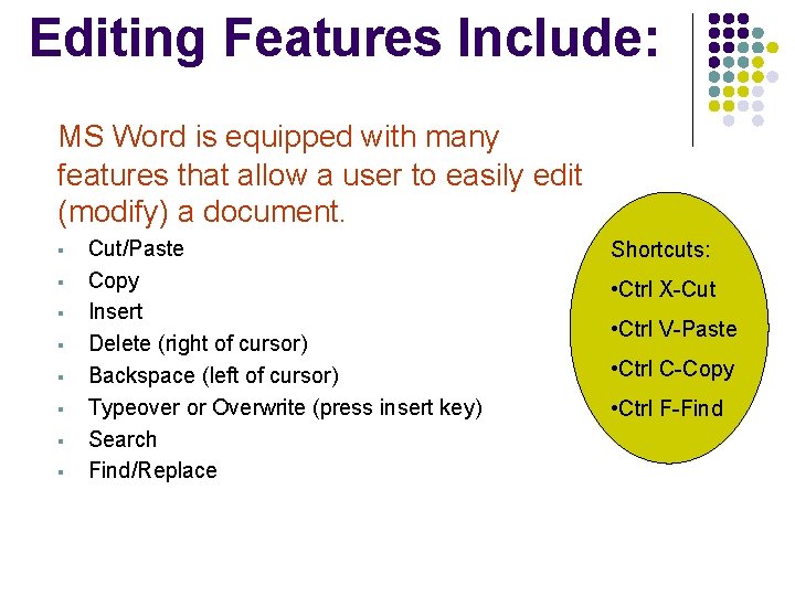 Editing Features Include: MS Word is equipped with many features that allow a user Editing Features Include: MS Word is equipped with many features that allow a user