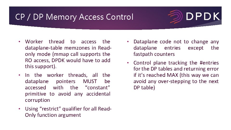 CP / DP Memory Access Control Worker thread to access the dataplane-table memzones in