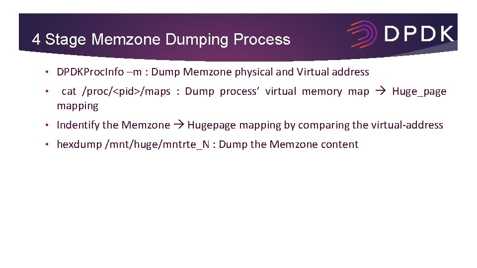 4 Stage Memzone Dumping Process • DPDKProc. Info –m : Dump Memzone physical and