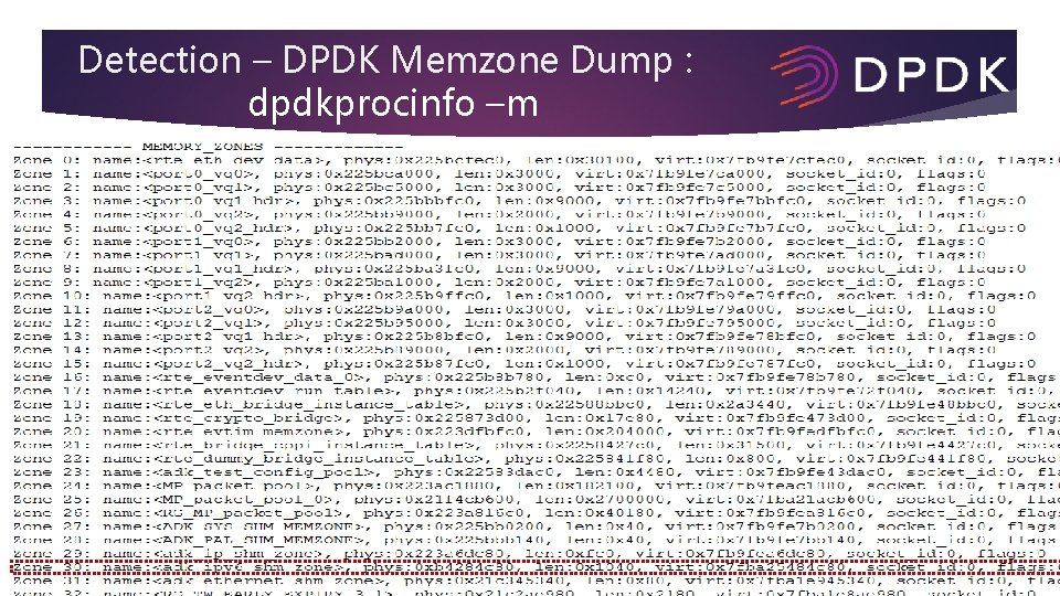 Detection – DPDK Memzone Dump : dpdkprocinfo –m 