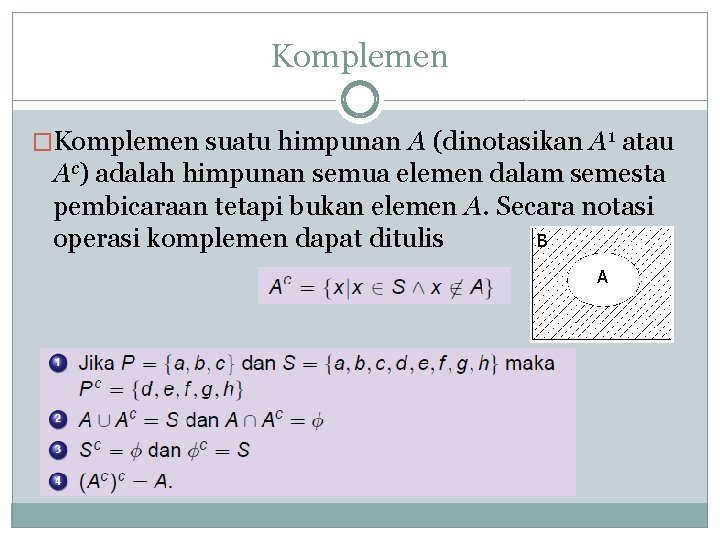 Komplemen �Komplemen suatu himpunan A (dinotasikan A 1 atau Ac) adalah himpunan semua elemen