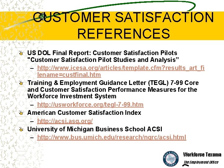 CUSTOMER SATISFACTION REFERENCES US DOL Final Report: Customer Satisfaction Pilots "Customer Satisfaction Pilot Studies