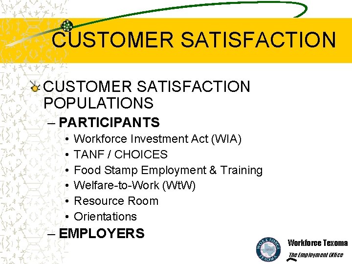 CUSTOMER SATISFACTION POPULATIONS – PARTICIPANTS • • • Workforce Investment Act (WIA) TANF /