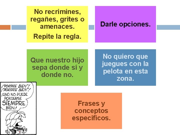 No recrimines, regañes, grites o amenaces. Repite la regla. Darle opciones. Que nuestro hijo