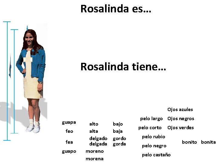 Rosalinda es… Rosalinda tiene… Ojos azules guapa feo fea guapo alta delgado delgada moreno