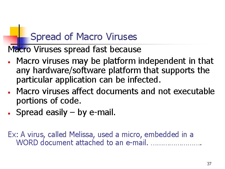 Spread of Macro Viruses spread fast because • Macro viruses may be platform independent Spread of Macro Viruses spread fast because • Macro viruses may be platform independent