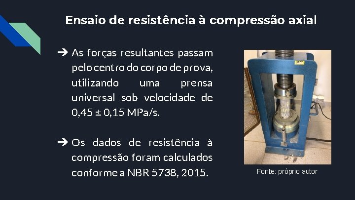 Ensaio de resistência à compressão axial ➔ As forças resultantes passam pelo centro do