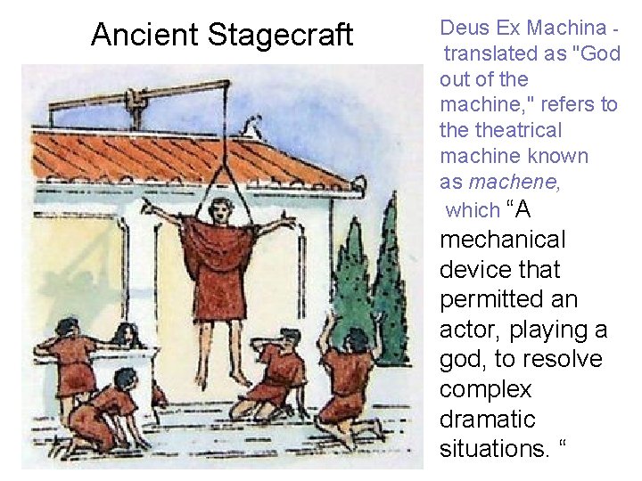 Ancient Stagecraft Deus Ex Machina - translated as "God out of the machine, "