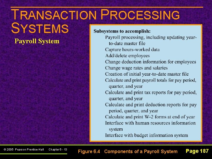 TRANSACTION PROCESSING SYSTEMS Payroll System © 2005 Pearson Prentice-Hall Chapter 6 - 13 Figure