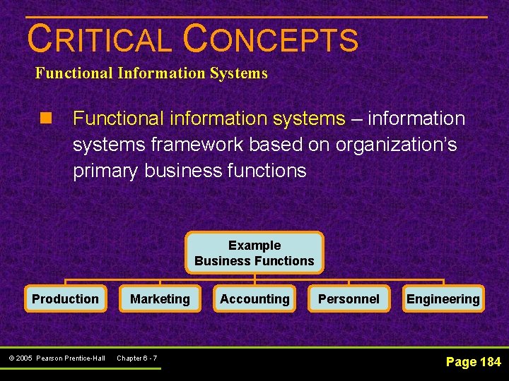 CRITICAL CONCEPTS Functional Information Systems n Functional information systems – information systems framework based